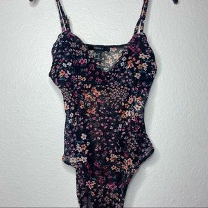 NWT FOREVER 21 FLORAR SHEER SEE THROUGH BODYSUIT WITH COLORFUL FLOWERS